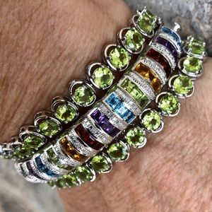 Sterling Silver Multi Gemstones Hinged Bangle 7.5”